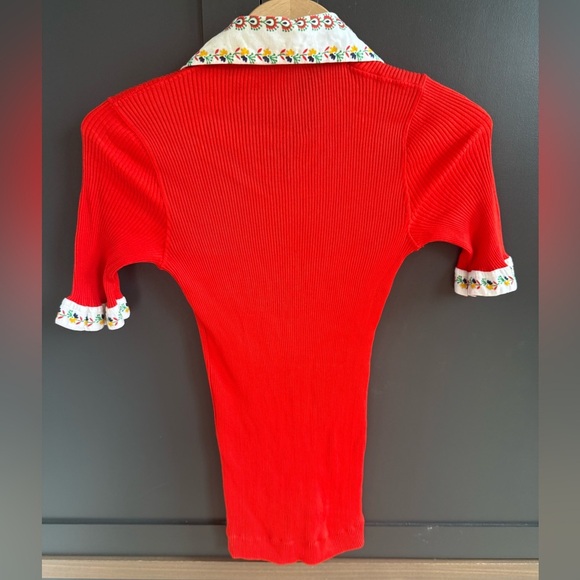 Celine Red Button Up Cotton Cardigan Top with Floral Collar & Trim • 42 - Picture 6 of 10